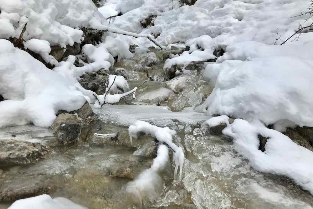 Bei Lenggries rodeln: Verschneite Winterlandschaft und Eisfiguren an den Bächen  