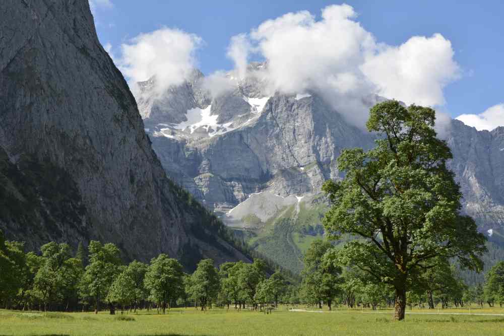 Der Blick von der Straße auf den Ahornboden und die Spritzkarspitze