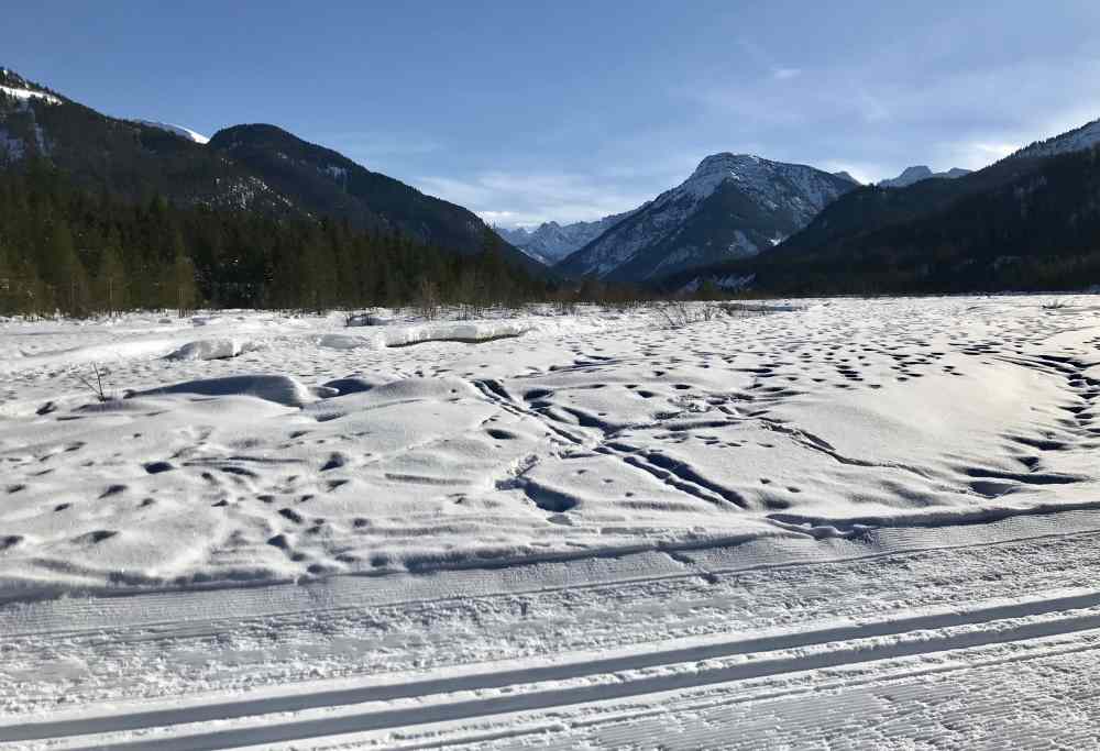 Hier stehe ich in der Loipe in Vorderriß und schaue durch das Rißtal ins Karwendel