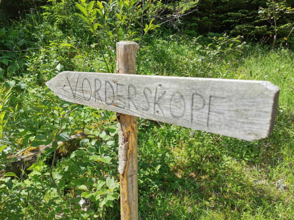 Beschilderung Vorderskopf - das einzige Schild der Vorderskopf Bergtour! Du brauchst eine Wanderkarte und Orientierungssinn