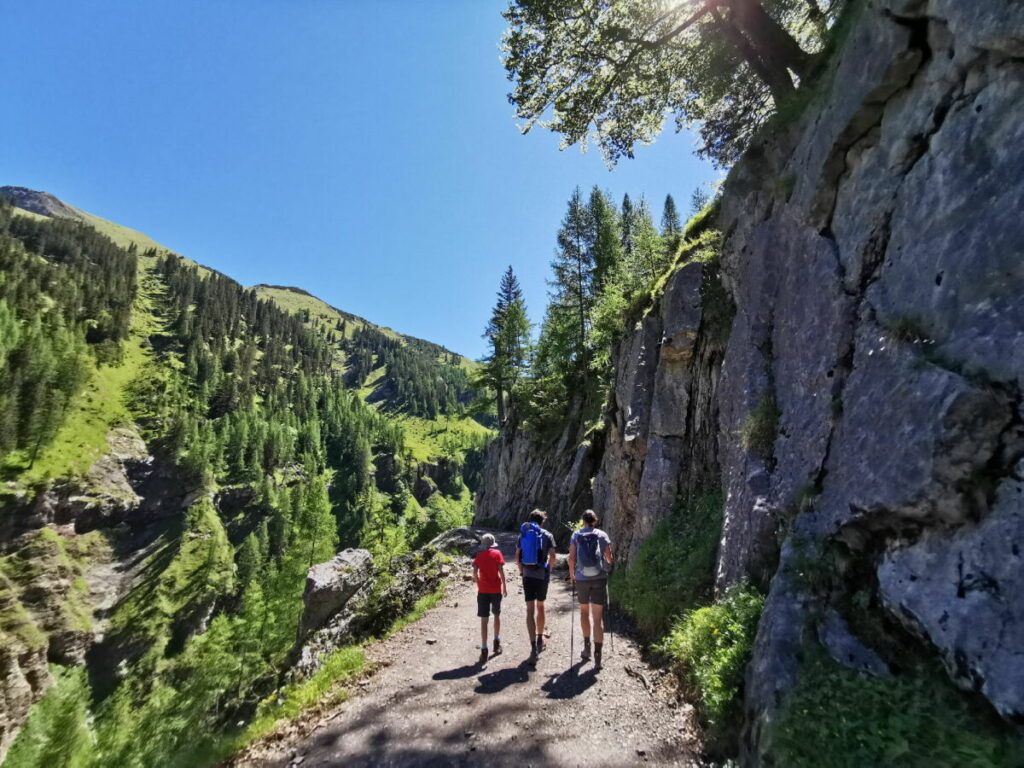 Binsalm Wanderung nach oben, mit den Felswänden rechts